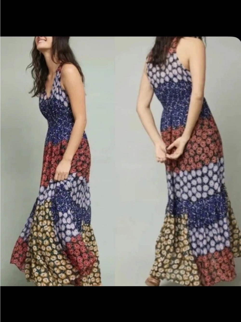 Meadow Rue Patchwork Floral Maxi Dress in Blue, Red, Yellow